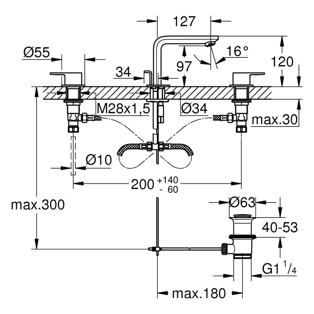 Grohe Lineare 3-Loch-Waschtischbatterie Standmontage, mit Zugstangen-Ablaufgarnitur, M... GROHE-203042431 4067393081708 (Abb. 3)
