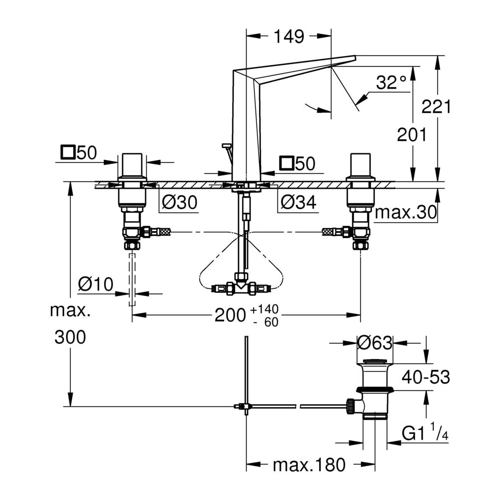 Grohe Allure Brilliant 3-Loch-Waschtischbatterie, 1/2", Standmontage, Zugstangen-Ablaufgarnitur 1 1/... GROHE-20344A00  (Abb. 3)