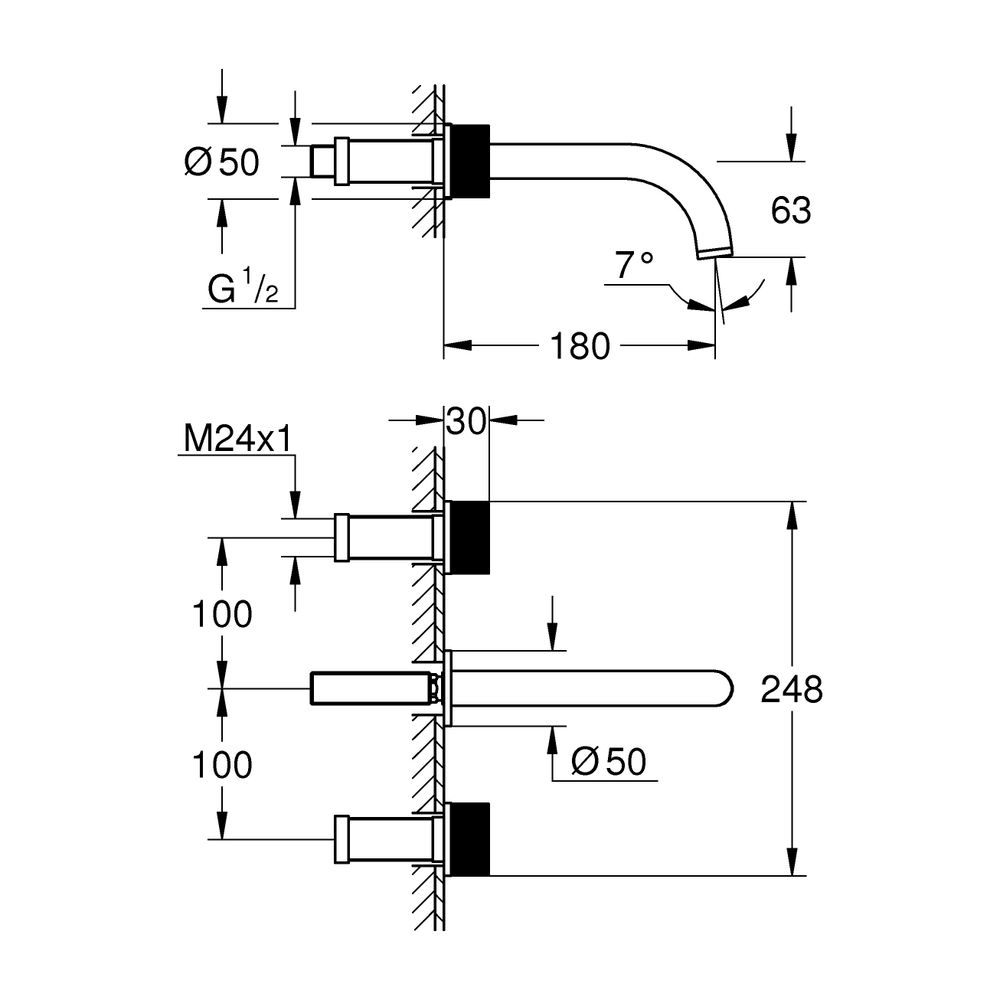 Grohe Atrio PC 3-Loch-Waschtisch-Wandbatterie, Fertigset für Knopfbetätigung, Ausladung... GROHE-20589DL0 4005176511578 (Abb. 3)