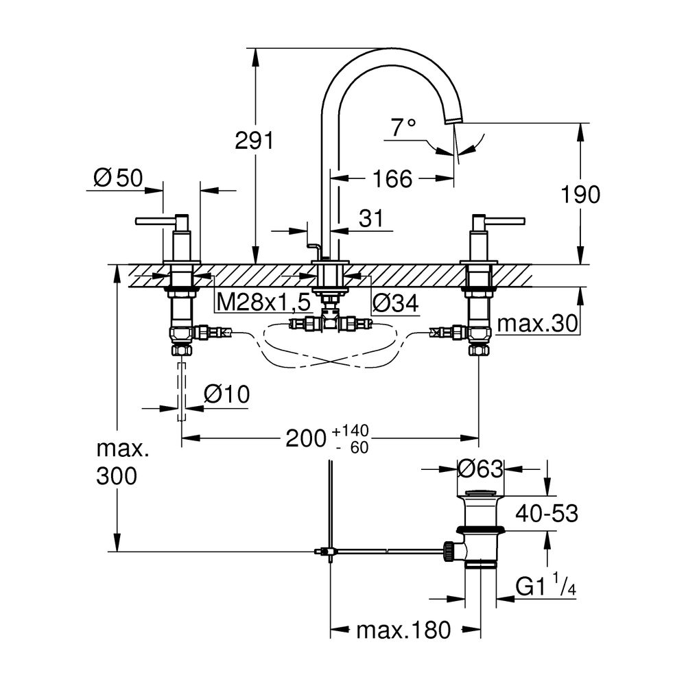 Grohe Atrio 3-Loch-Waschtischbatterie, Rohrauslauf, mit Hebelgriffen Zugstangen-Garnitu... GROHE-20649GN0 4005176951787 (Abb. 3)