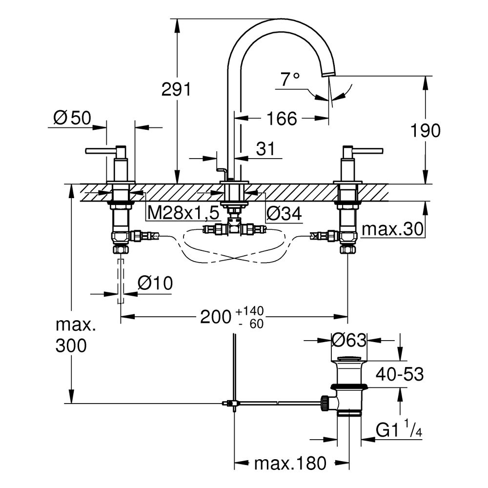 Grohe Atrio 3-Loch-Waschtischbatterie, mit Hebelgriffen, Zugstangen-Ablaufgarnitur 1 1/... GROHE-20649MS0 4005176945601 (Abb. 3)