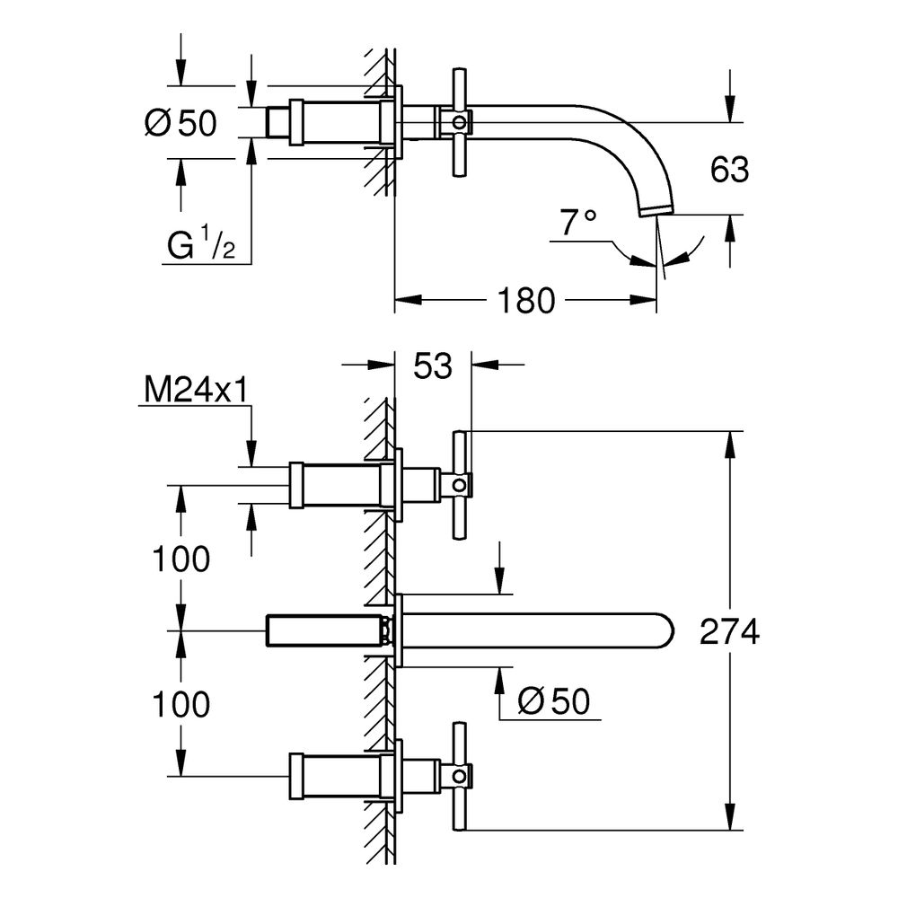 Grohe Atrio 3-Loch-Waschtisch-Wandbatterie, Fertigmontageset für 29 025 002, m. Kreuzgr... GROHE-20661MG0 4005176944543 (Abb. 3)