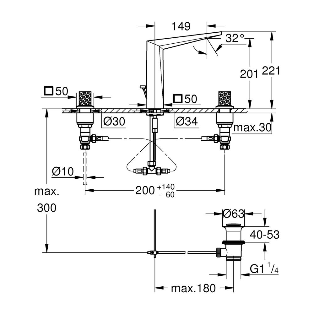 Grohe Allure Brilliant PC 3-Loch-Waschtischbatterie Chrom, Trapezbetätigung, Rändelstru... GROHE-20667000 4005176795510 (Abb. 3)