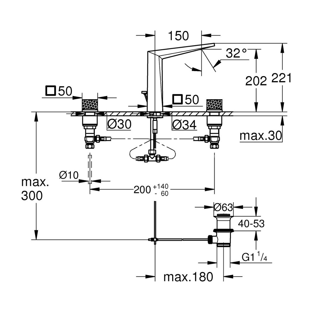 Grohe Allure Brilliant PC 3-Loch-Waschtischbatterie Chrom, Kubusbetätigung Rändelstrukt... GROHE-20670000 4005176791680 (Abb. 3)