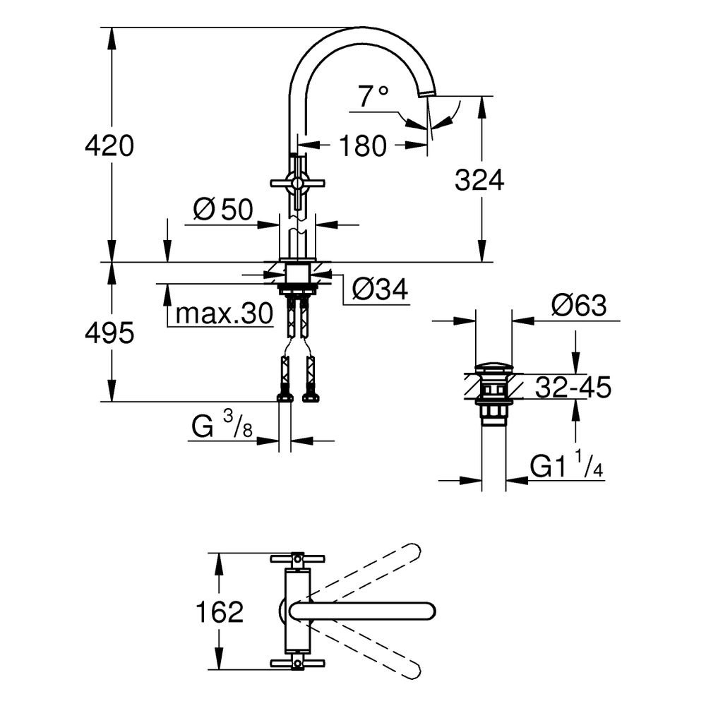 Grohe Atrio Waschtisch-Einlochbatterie, XL-Size, mit Kreuzgriffen, für freistehende Was... GROHE-21149MS0 4005176945663 (Abb. 3)