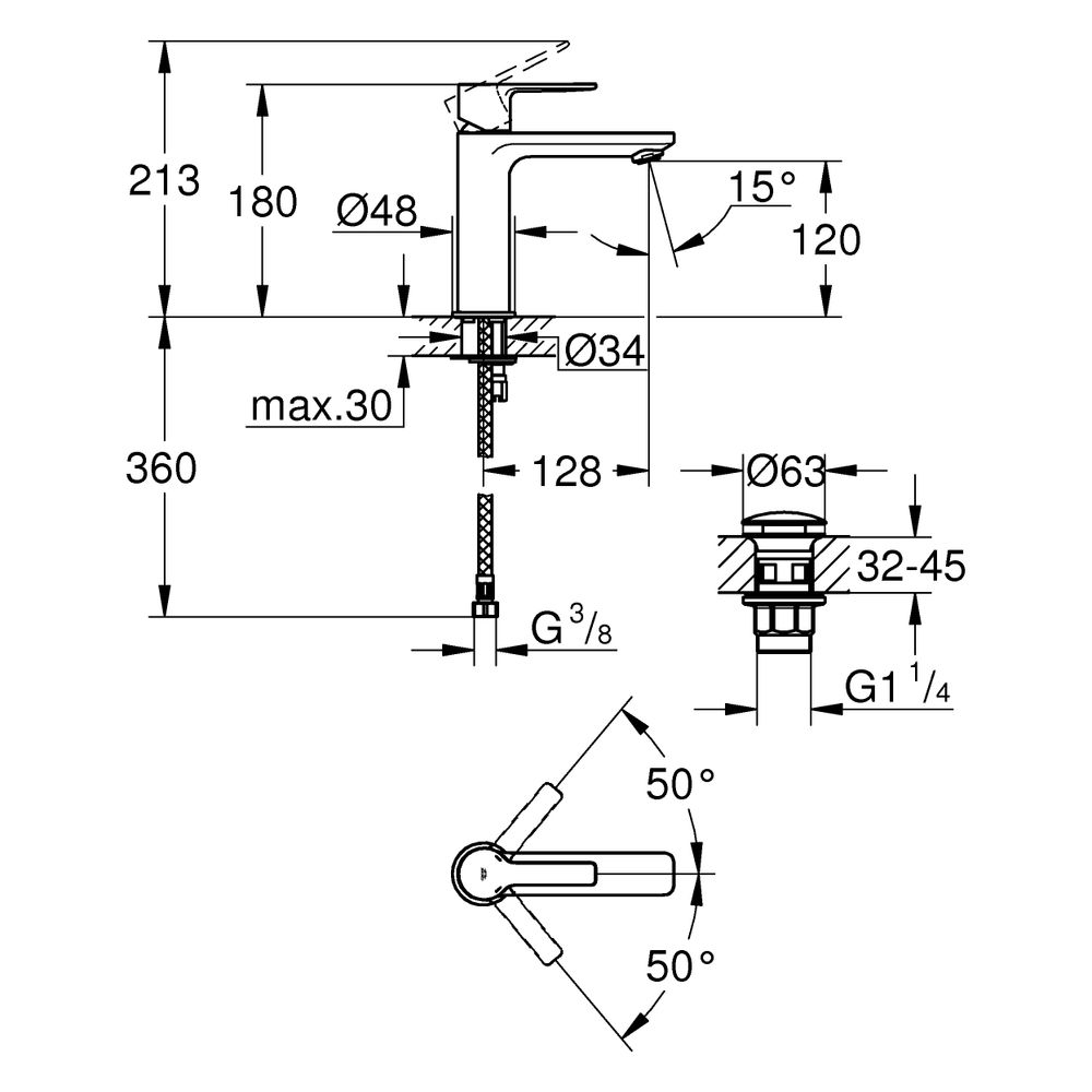 Grohe Lineare Einhand-Waschtischbatterie, S-Size, 1-Loch-Montage, Push-open Ablaufgarn... GROHE-231062431 4067393081654 (Abb. 3)