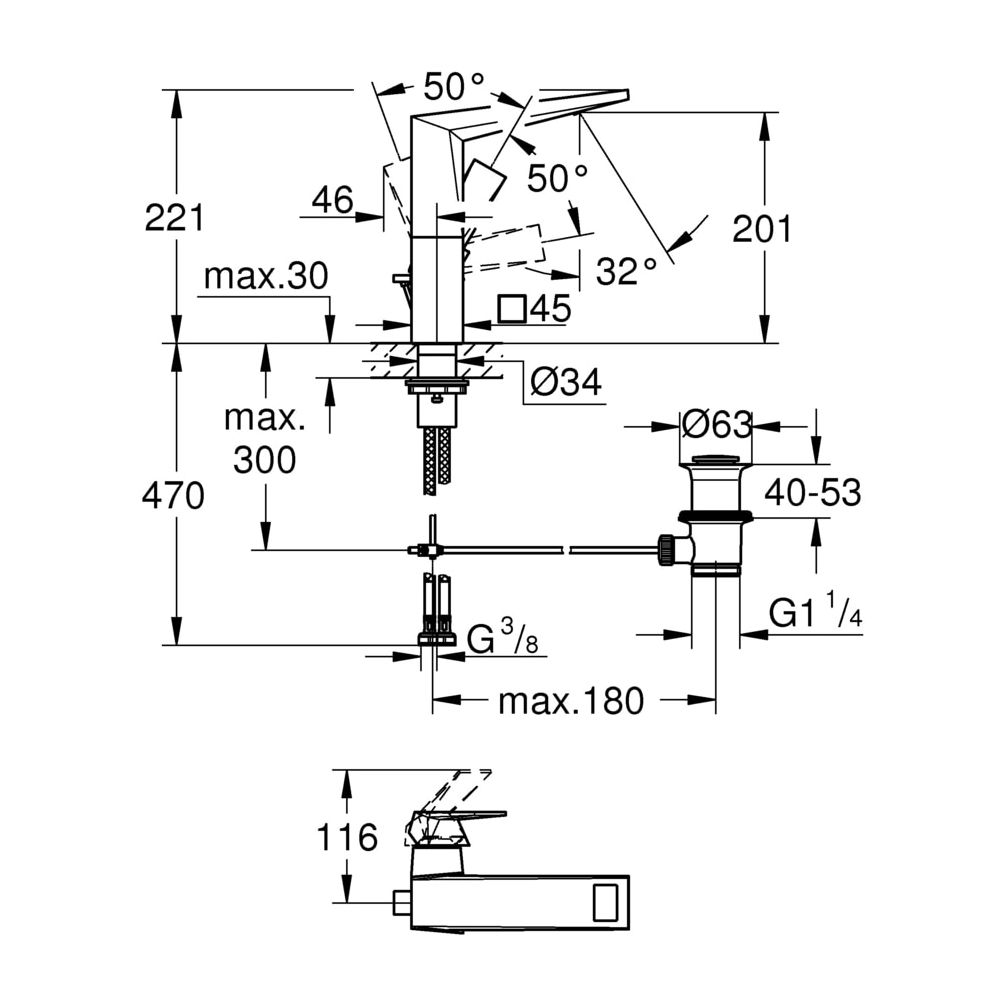 Grohe Allure Brilliant Einhand-Waschtischbatterie, 1/2", L-Size, Zugstangen-Ablaufgarnitur 1 1/4", H... GROHE-23109A00  (Abb. 3)