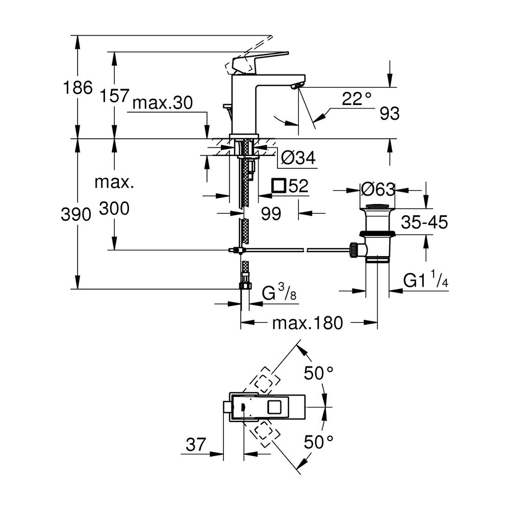 Grohe Eurocube Einhand-Waschtischbatterie, S-Size, 1 1/4" Zugstangen-Garnitur, Superst... GROHE-23127DC0 4005176524967 (Abb. 12)