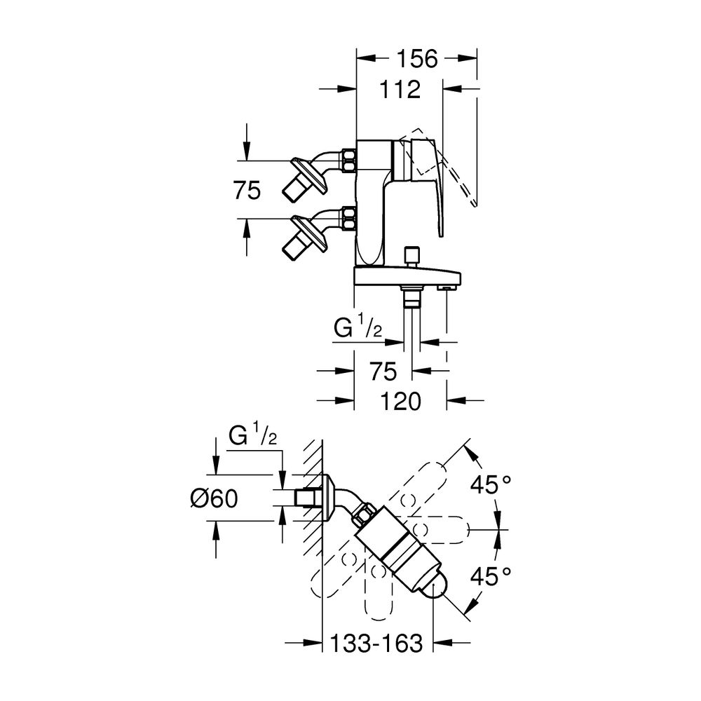Grohe Eurostyle Cosmopolitan Vertica Einhand-Wannenbatterie, Anschlusswinkel 45 Grad, C... GROHE-23302000 4005176923876 (Abb. 6)