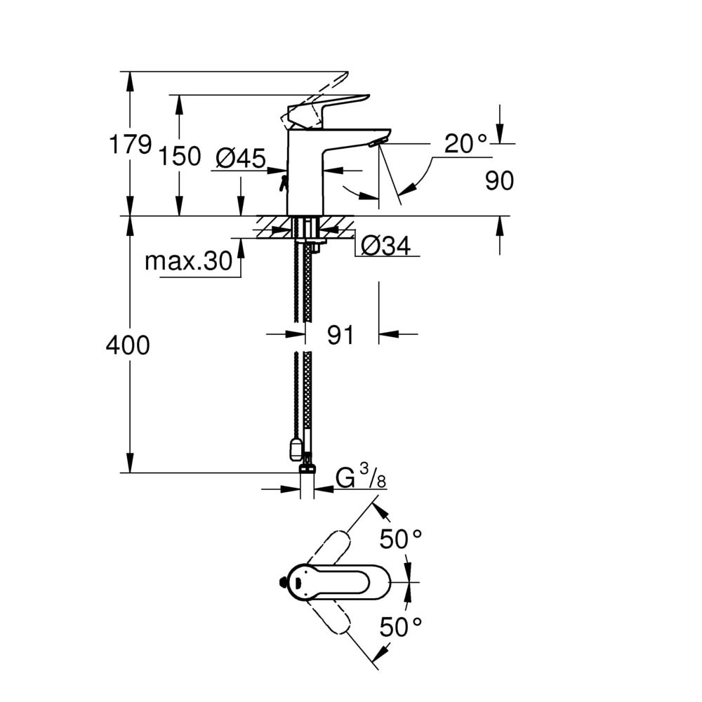 Grohe Einhand-Waschtischbatterie BauEdge, mit versenkbarer Kette, S-Size, 5,7l/min, Chr... GROHE-23329000 4005176934261 (Abb. 3)