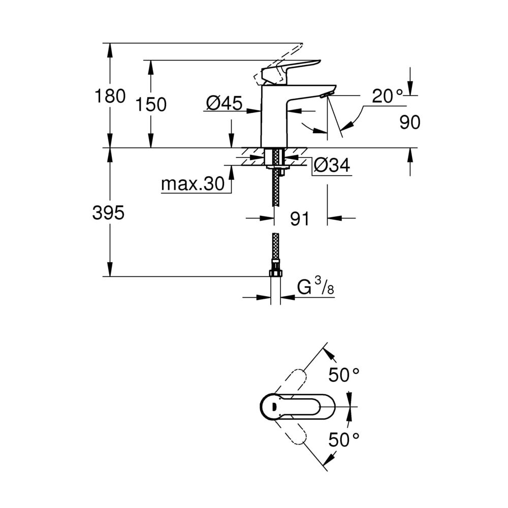 Grohe BauEdge Waschtischarmatur Einlochmontage Einhand, S-Size, Chrom, 23330000... GROHE-23330000 4005176934278 (Abb. 3)