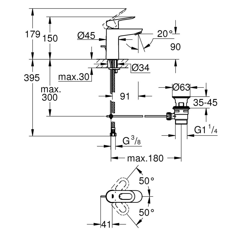 Grohe BauLoop Einhand-Waschtischbatterie, DN 15, S-Size, 1-Loch-Montage, mit Zugstangen-Ablaufgarnit... GROHE-23335000  (Abb. 3)