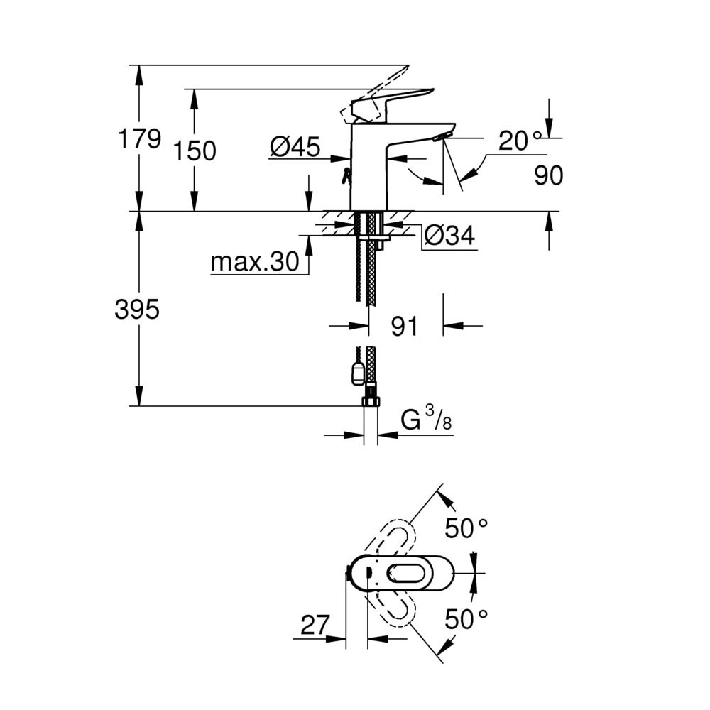 Grohe BauLoop Einhand-Waschtischbatterie, DN 15, S-Size, 1-Loch-Montage, versenkbare Kette, Chrom, 2... GROHE-23336000  (Abb. 3)