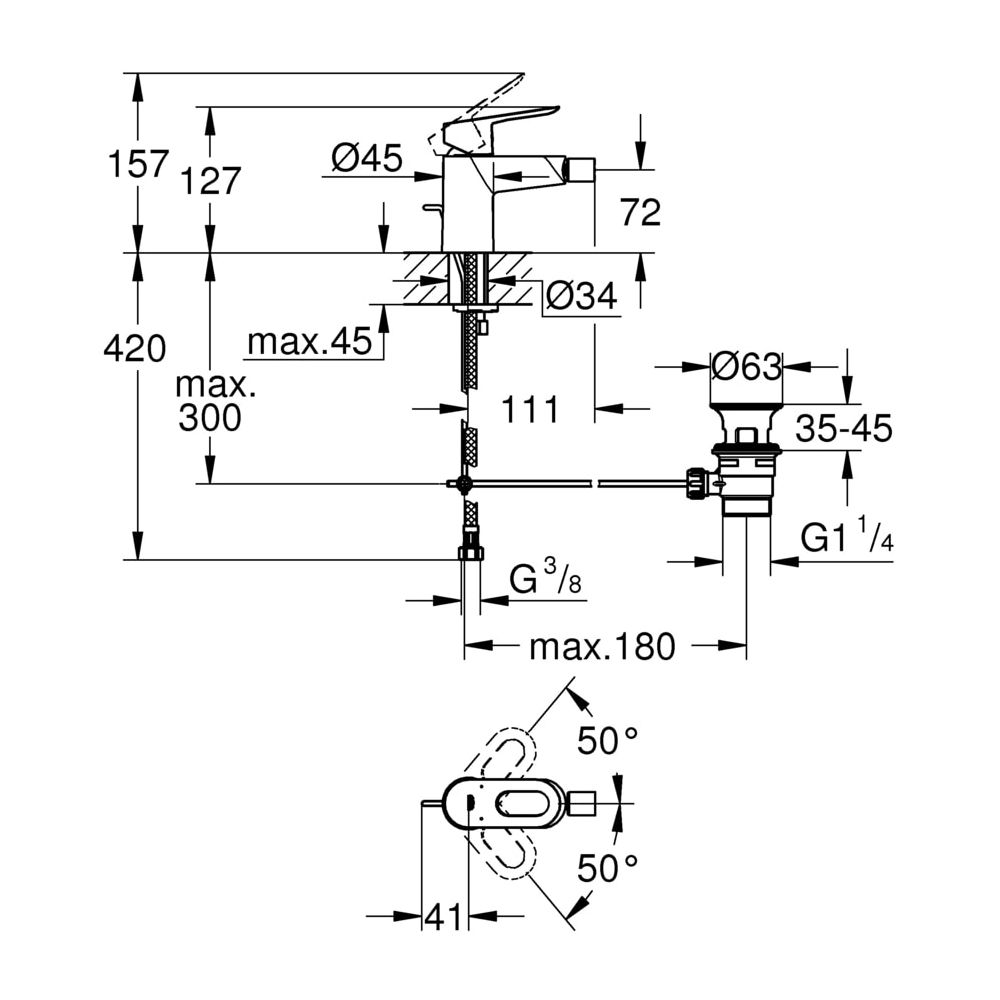 Grohe BauLoop Einhand-Bidetbatterie, 1/2", Zugstangen-Ablaufgarnitur 1 1/4", 1-Loch-Montage, Chrom, ... GROHE-23338000  (Abb. 3)