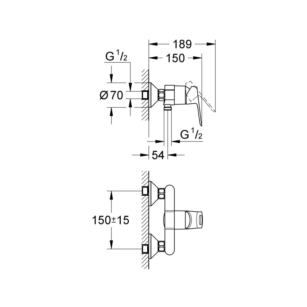 Grohe BauLoop Einhand-Brausebatterie, 1/2", Wandmontage, mit integr. Rückflussverh., S-Anschlüsse, e... GROHE-23340000  (Abb. 3)