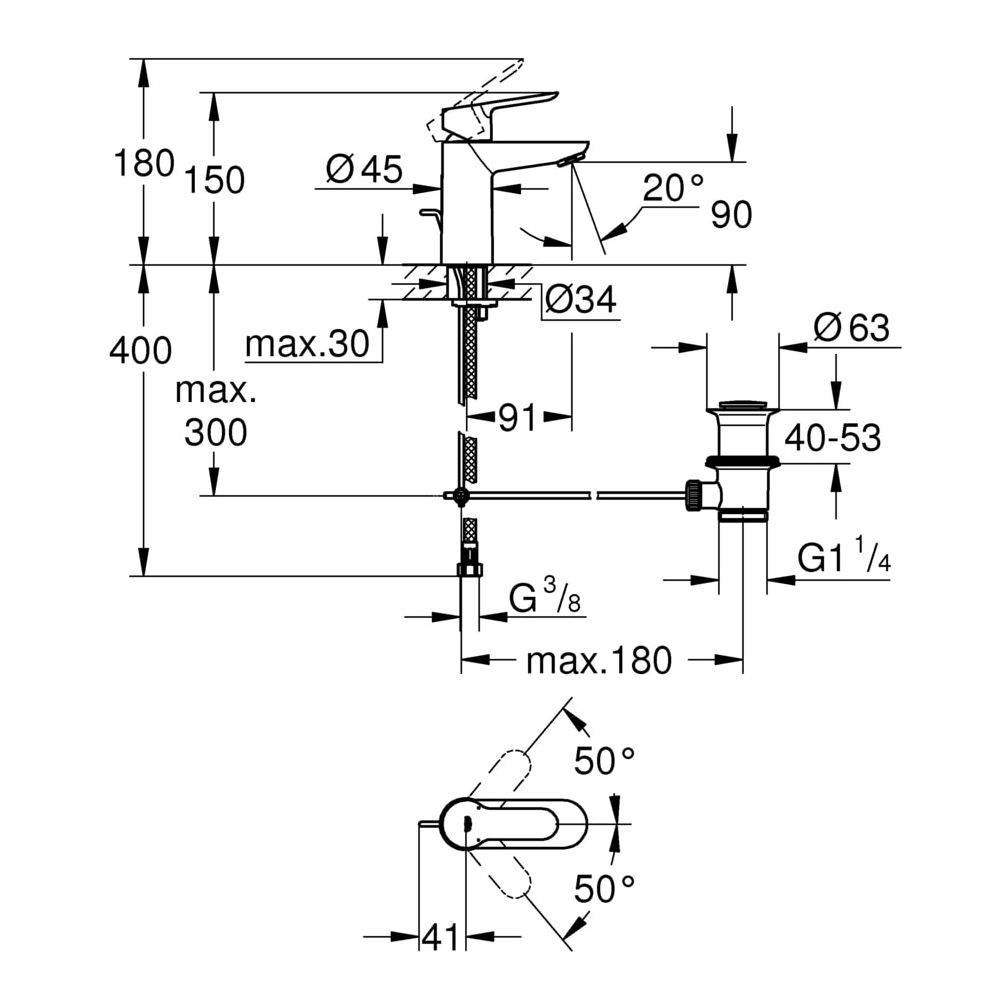 Grohe BauEdge Einhand-Waschtischbatterie, 1/2", S-Size, Zugstangen-Ablaufgarnitur aus M... GROHE-23356000 4005176934131 (Abb. 3)