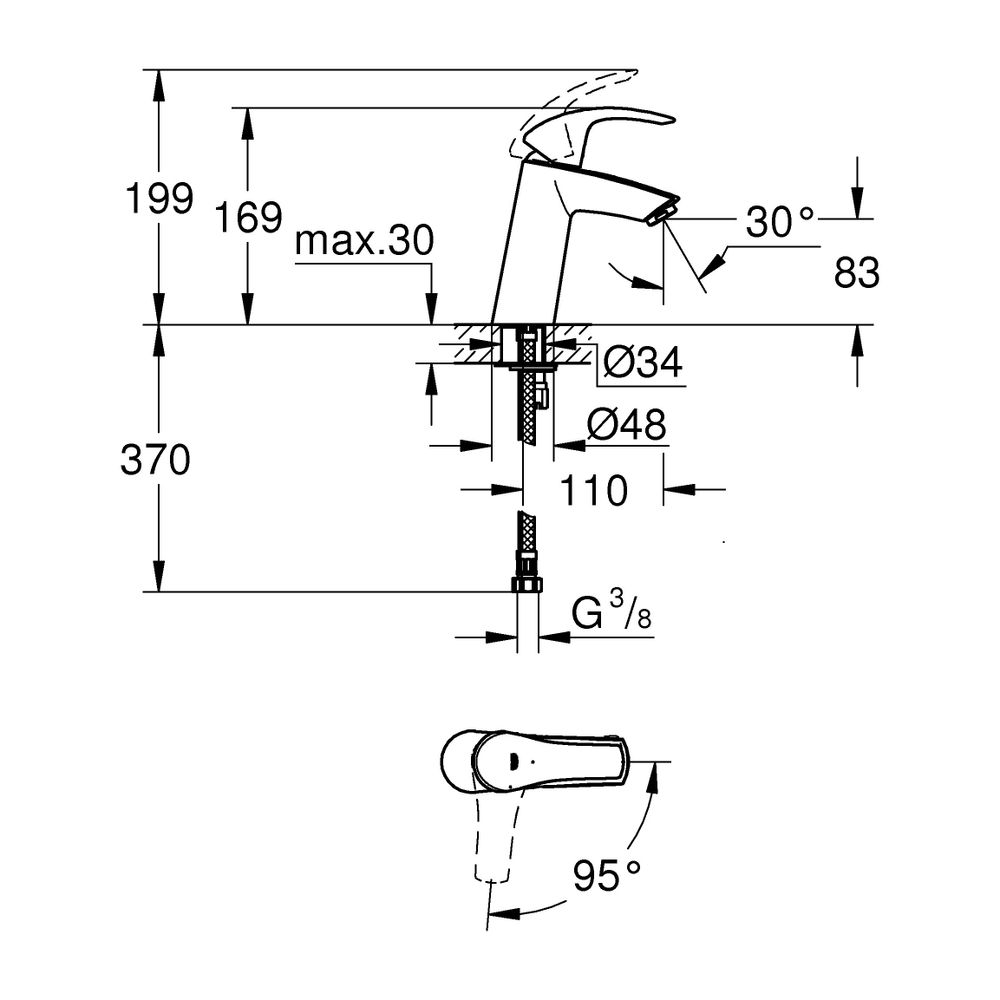 Grohe Eurosmart Standard Einhand-Waschtischbatterie, 1/2", mittelhoch, M-Size, Energie-... GROHE-2339510E 4005176938481 (Abb. 3)