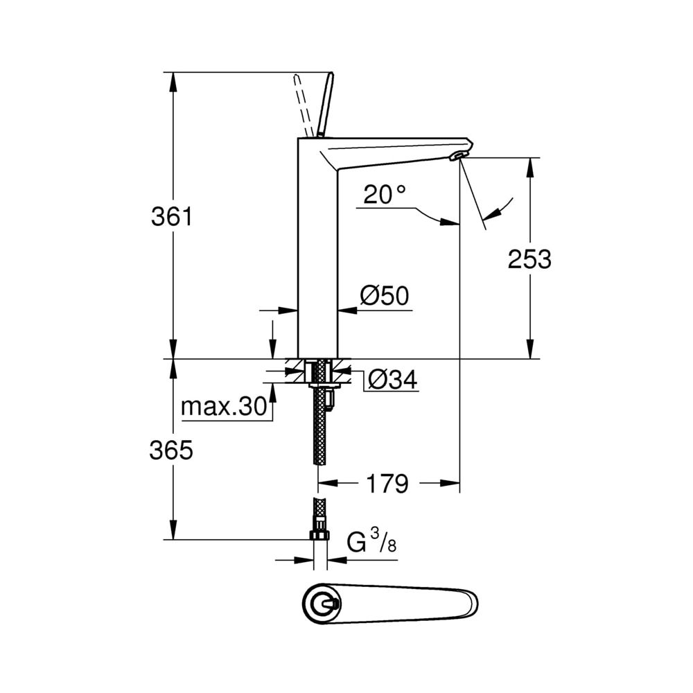 Grohe Eurodisc Joy Einhand-Waschtischbatterie, 1/2", XL-Size, Moon White/Chrom, 23428LS0... GROHE-23428LS0  (Abb. 3)