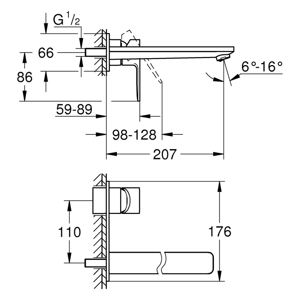 Grohe Lineare 2-Loch-Waschtischbatterie, Wandmontage, Fertigmontageset, 207mm Ausladun... GROHE-234442431 4067393081661 (Abb. 3)