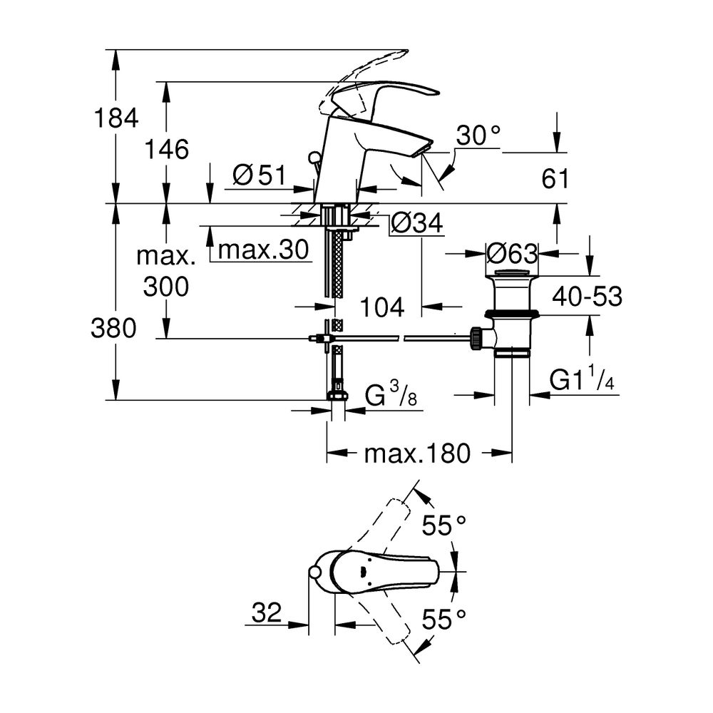 Grohe Eurosmart Standard Einhand-Waschtischbatterie, 1/2", S-Size, mit Hybrid-Zugstange... GROHE-23456002 4005176304941 (Abb. 3)