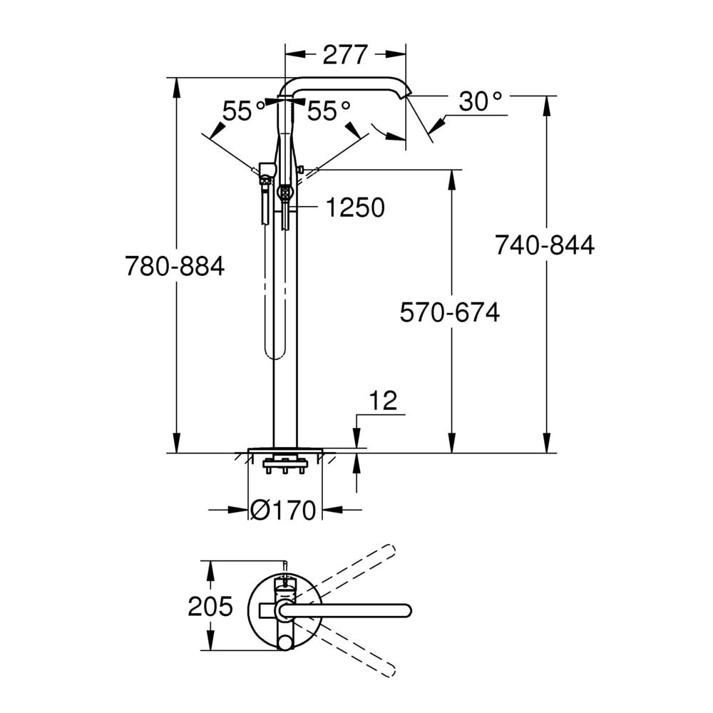 Grohe Essence Einhand-Wannenbatterie 1/2", Bodenmontage, autom. Umstellung Wanne/Brause... GROHE-23491A01 4005176407598 (Abb. 3)