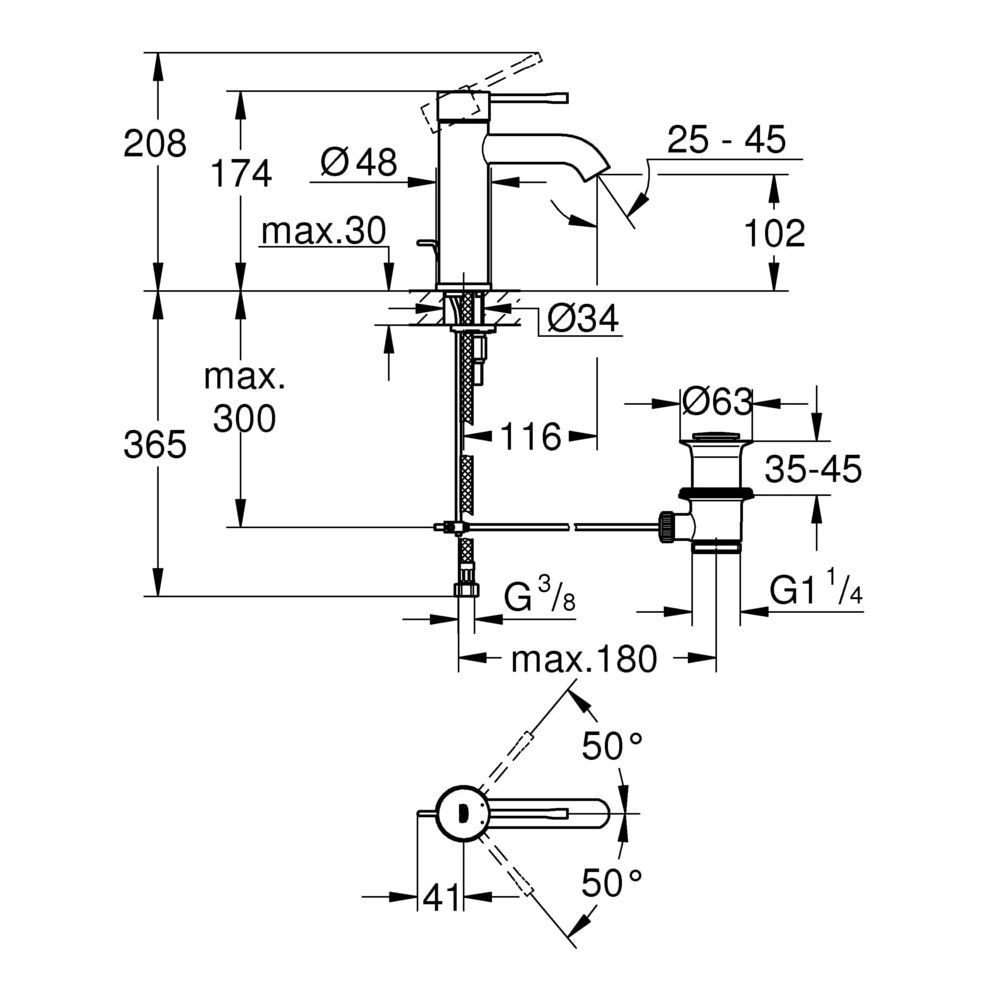 Grohe Essence Einhand-Waschtischbatterie, 1/2", S-Size, 1-Loch-Montage, mit Zugst.-Abla... GROHE-23589GL1 4005176407321 (Abb. 3)