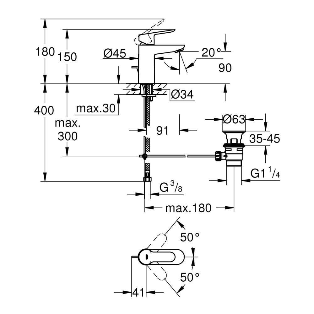 Grohe BauEdge Einhand-Waschtischbatterie, 1-Loch-Montage, mit Temperaturbegrenzer, Chro... GROHE-23802000 4005176421655 (Abb. 3)