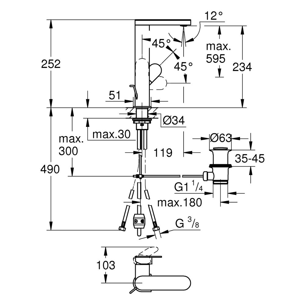 Grohe Plus Einhand-Waschtischbatterie, L-Size, 1-Loch-Montage, ausziehb. Auslauf, Zugst... GROHE-23843DL4 4067393079514 (Abb. 3)