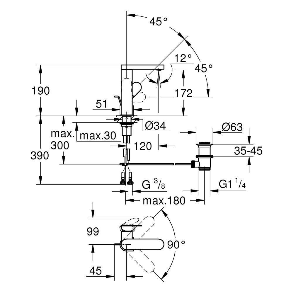 Grohe Plus Einhand-Waschtischbatterie, M-Size, 1-Loch-Montage, Schwenkauslauf, Zugstang... GROHE-23871004 4067393079293 (Abb. 3)