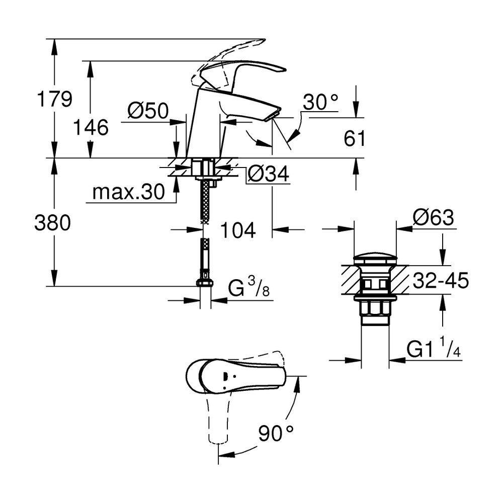 Grohe Eurosmart Einhand-Waschtischbatterie, S-Size, Push-open Ablaufgarnitur 1 1/4", Ka... GROHE-23924002 4005176583346 (Abb. 3)