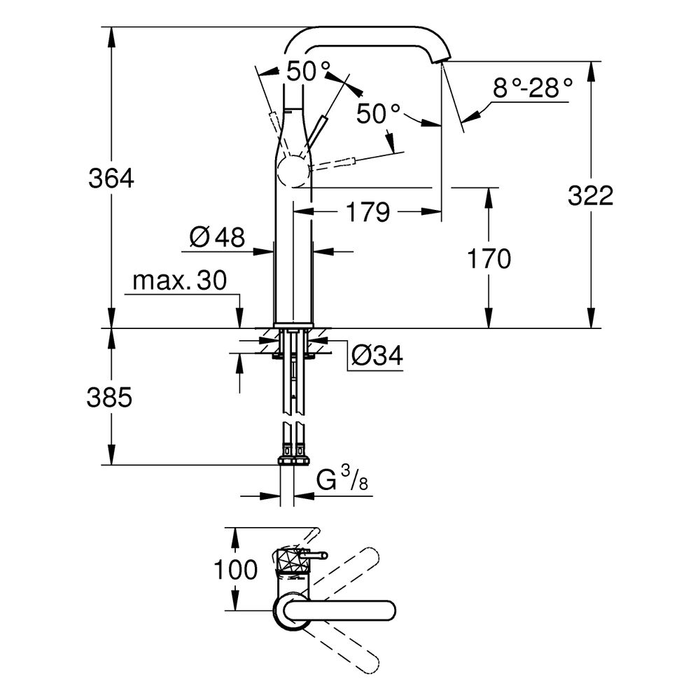 Grohe Essence Einhand-Waschtischbatterie, XL-Size, Crafted Bedienungshebel, glatter Kör... GROHE-24170DE1 4067393107903 (Abb. 3)