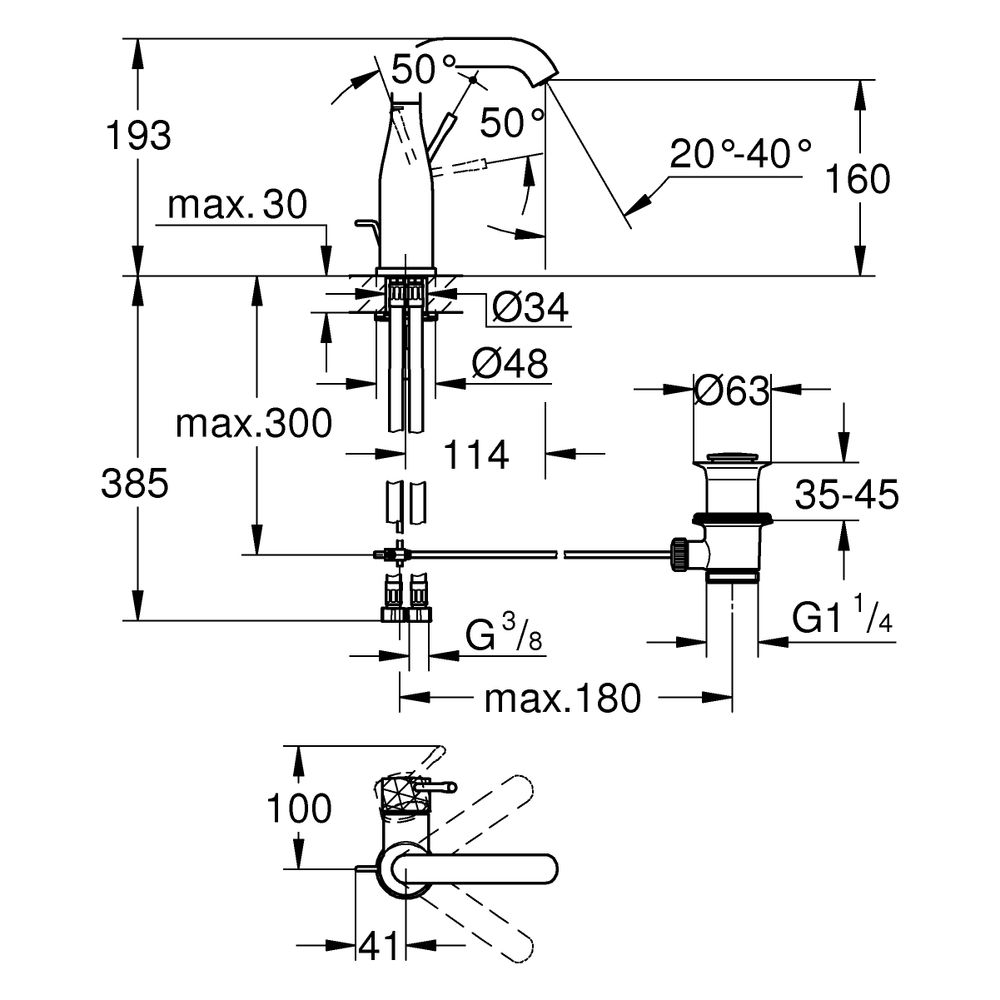 Grohe Essence Einhand-Waschtischbatterie, M-Size, Crafted Bedienungshebel, Zugstangen-A... GROHE-24173DE1 4067393107965 (Abb. 3)