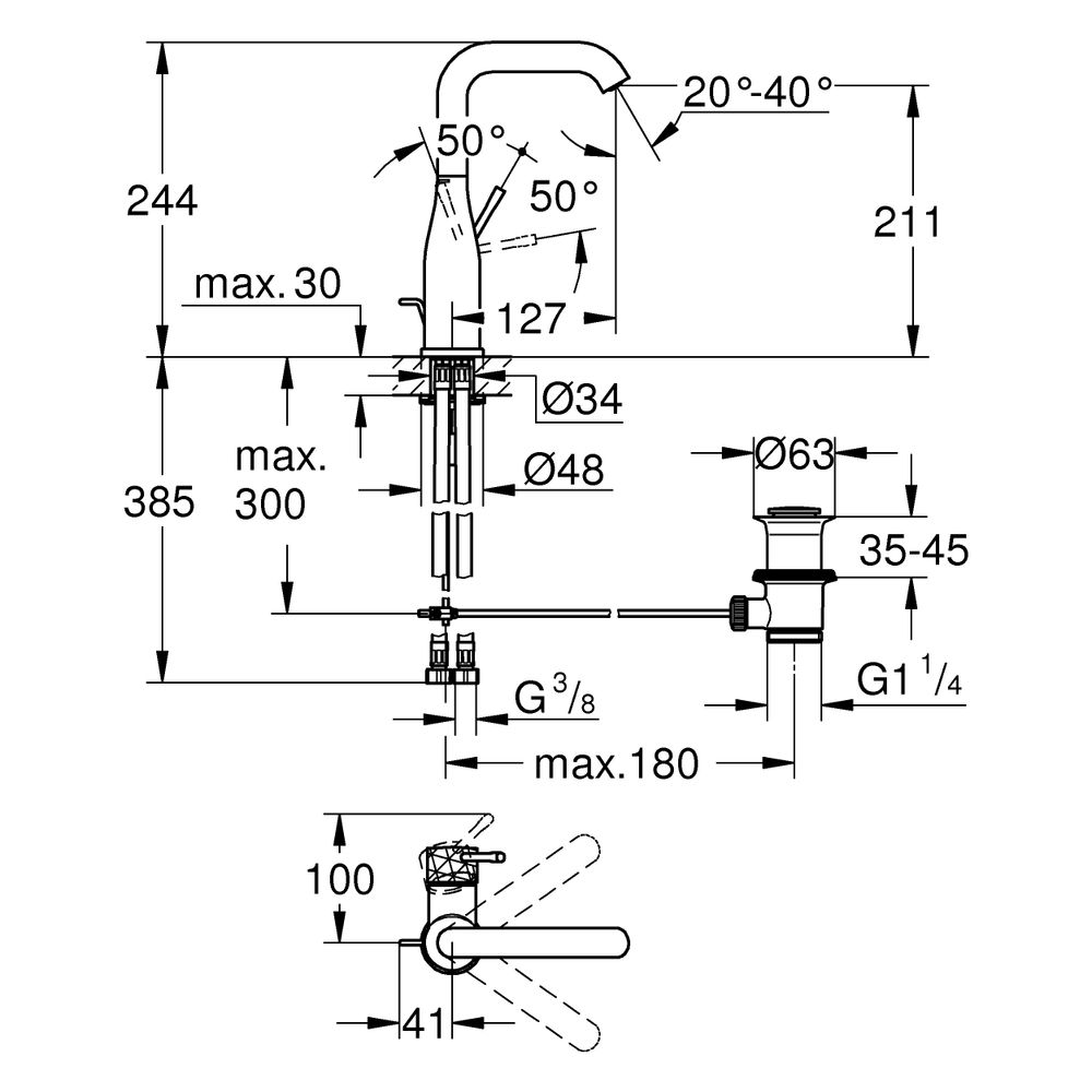 Grohe Essence Einhand-Waschtischbatterie, L-Size, Crafted Bedienungshebel, Zugstangen-A... GROHE-24174GF1 4067393107996 (Abb. 3)