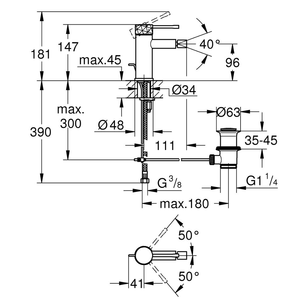 Grohe Einhand-Bidetbatterie Essence, Crafted Bedienungshebel, Zugst.-Ablaufgarnitur, cr... GROHE-24178DE1 4067393108009 (Abb. 3)