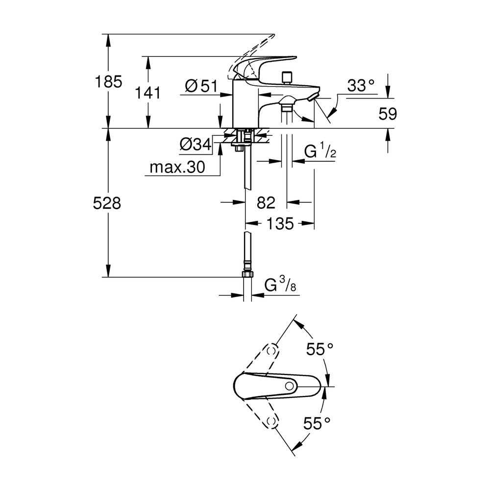 Grohe Euroeco Einhand-Wannenbatterie, Einlochmontage, 35mm Keramikkartusche, Eco-Overri... GROHE-24281001 4005176743351 (Abb. 3)