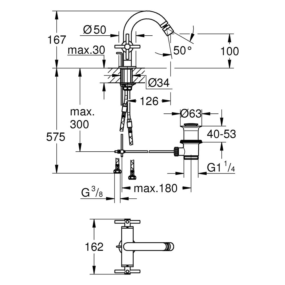 Grohe Atrio Zweigriff-Bidetbatterie, 1-Loch-Montage, mit Kreuzgriffen, Zugstangen-Ablau... GROHE-24353MG0 4005176944895 (Abb. 3)