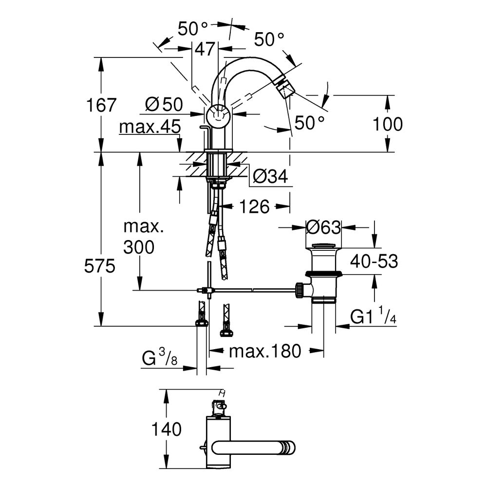 Grohe Atrio Einhand-Bidetbatterie, 1-Loch-Montage, mit Hebelgriffen, Zugstangen-Ablaufg... GROHE-24364MG0 4005176944987 (Abb. 3)