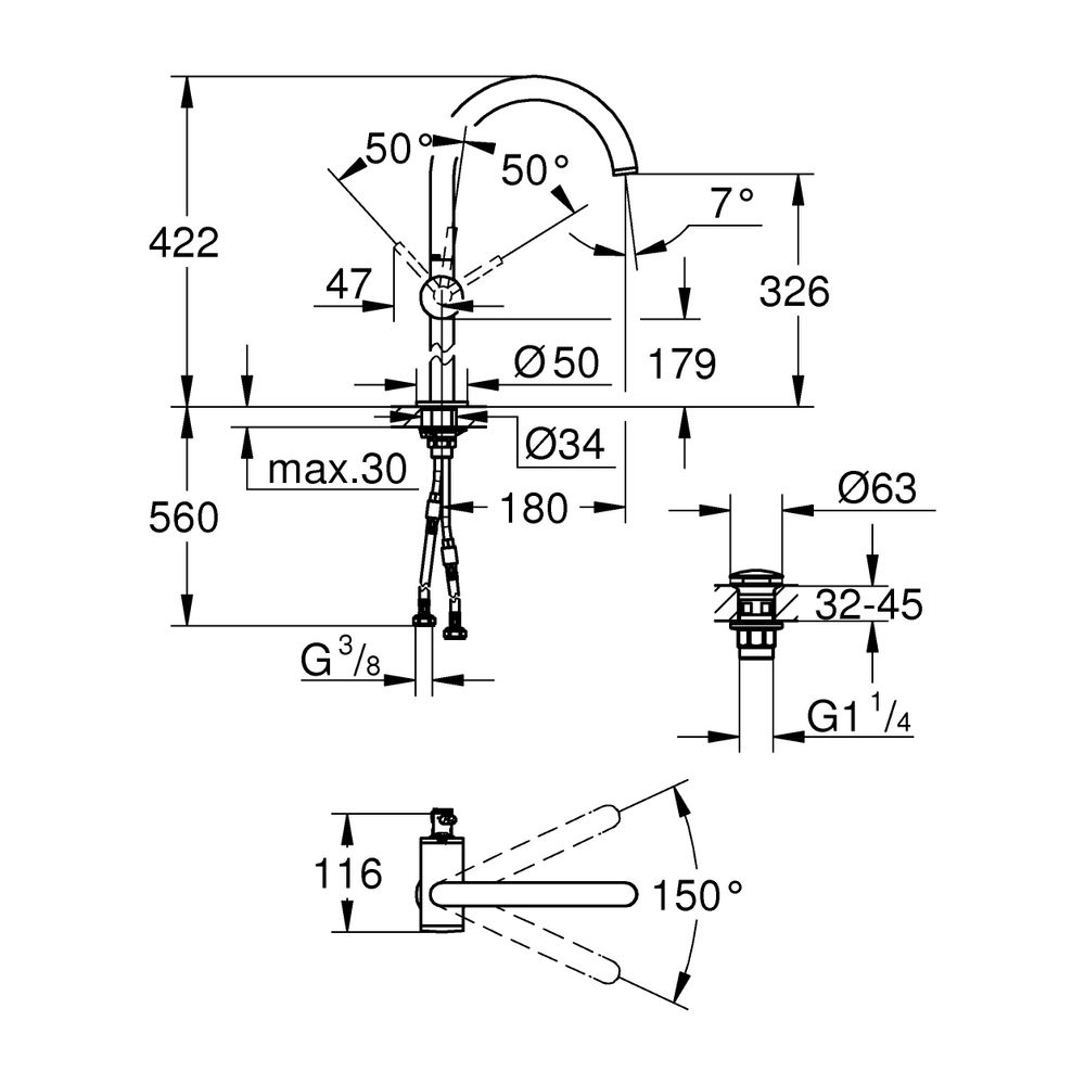Grohe Atrio 1-Loch-Einhand-Waschtischbatterie, XL-Size, schwenkbarer Bogenauslauf, 1 1/... GROHE-24365GL0 4005176761010 (Abb. 6)