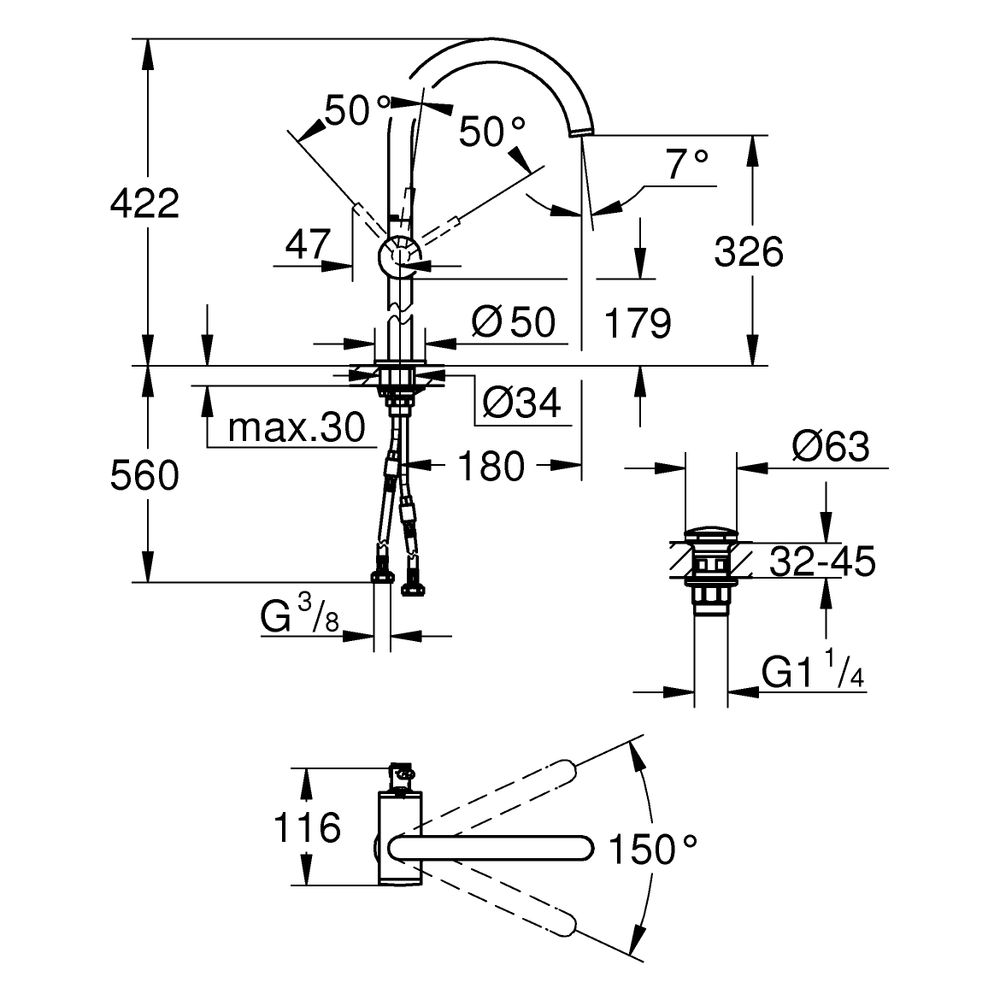 Grohe Atrio Einhand-Waschtischbatterie, XL, Einloch, für freist. Waschsch., Push-open A... GROHE-24365MG0 4005176944994 (Abb. 3)