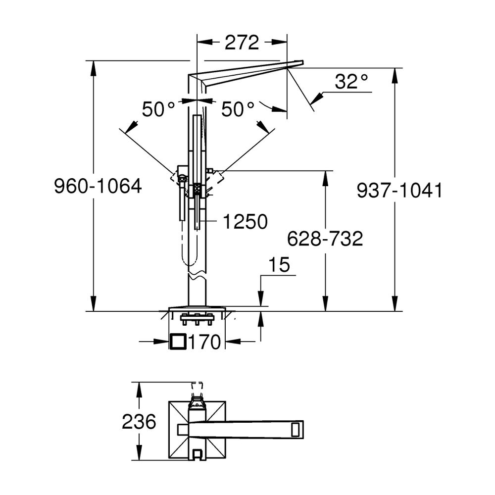 Grohe Allure Brilliant PC Wannenbatterie Supersteel Bodenmontage Griff Rändelstruktur... GROHE-24422DC0 4005176795176 (Abb. 3)