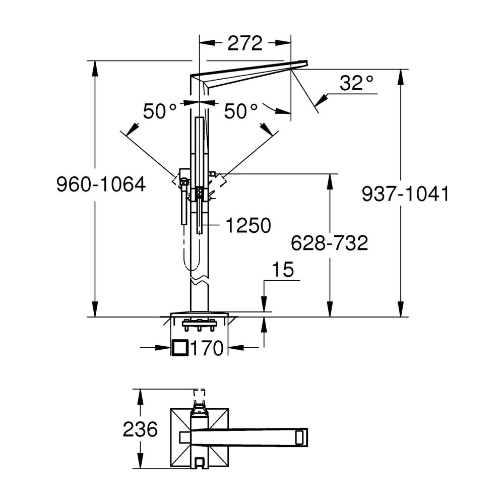 Grohe Allure Brilliant PC Wannenbatterie Hard Graphite gebürstet Bodenmontage Griff Van... GROHE-24424AL0 4005176795213 (Abb. 3)