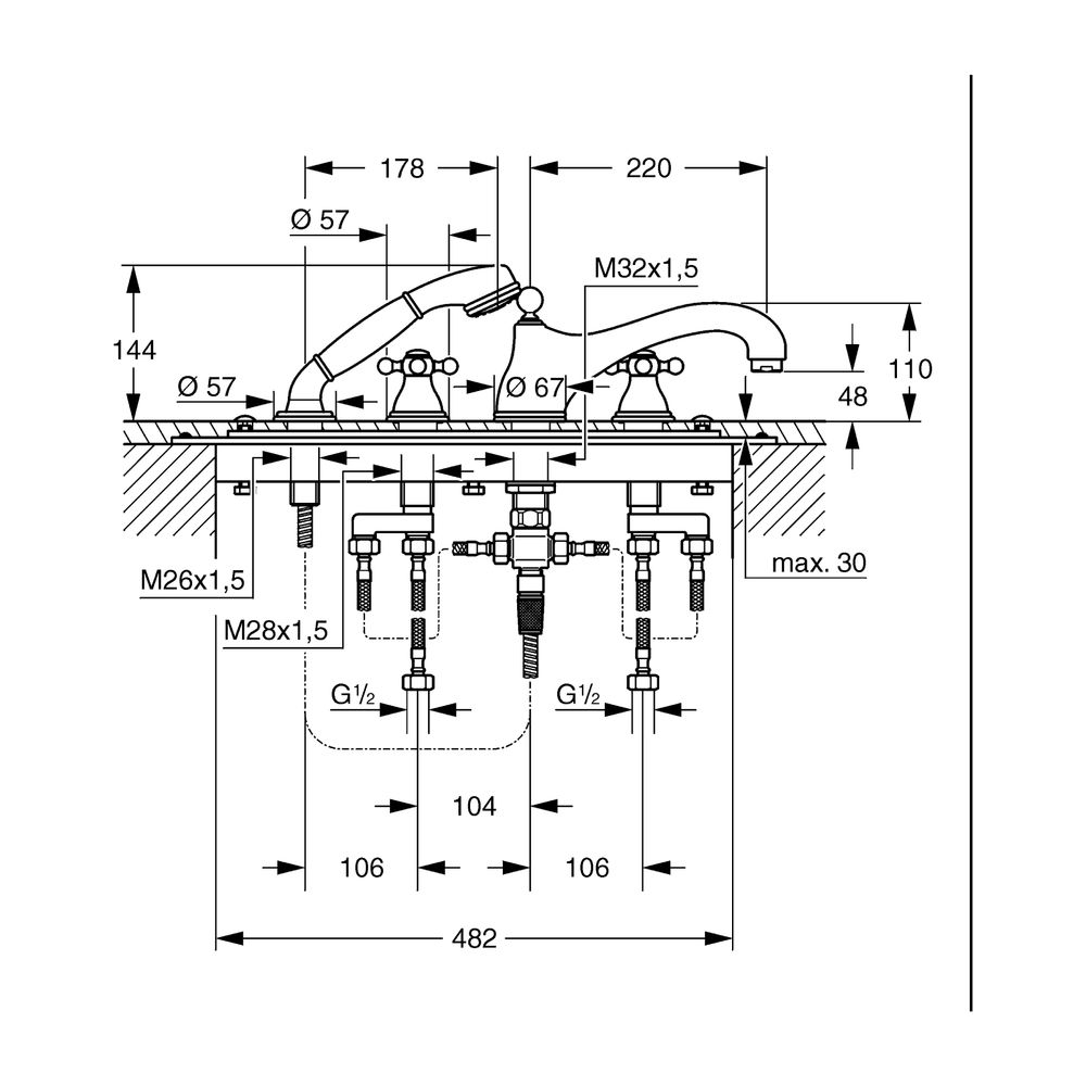 Grohe Sinfonia 4-Loch-Wannenkombination, DN 15, niedriger Auslauf, Chrom, 25032000... GROHE-25032000 4005176214622 (Abb. 3)