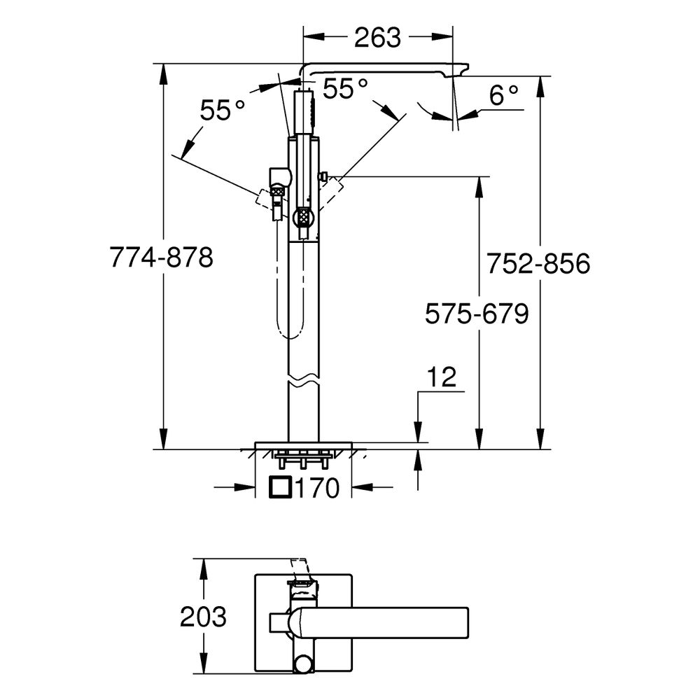 Grohe Allure Einhand-Wannenbatterie, Bodenmontage, FMS für 45 984, Ausladung 263mm, eig... GROHE-25222MG1 4005176947230 (Abb. 3)