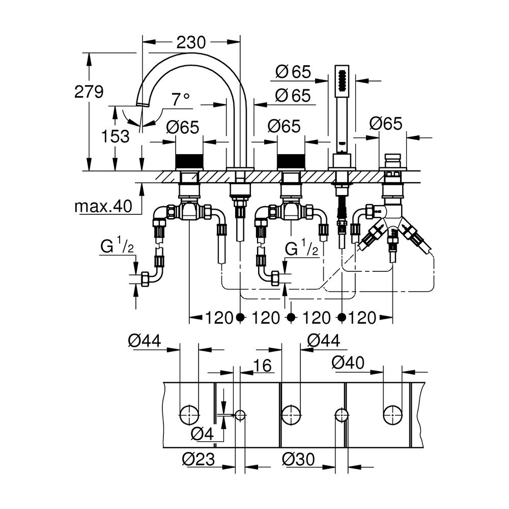 Grohe Atrio PC 5-Loch-Wannenkombination Chrom Knopfbetätigung mit Einlagen... GROHE-25226000 4005176508554 (Abb. 4)