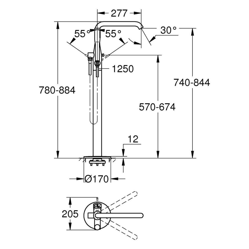 Grohe Essence Einhand-Wannenbatterie, Bodenmontage, Fertigmontageset für 45984, Ausladu... GROHE-25248GF1 4067393108030 (Abb. 3)