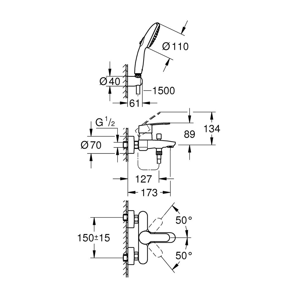 Grohe Eurostyle Cosmopolitan Einhand-Wannenbatterie, Wandmontage, mit Tempesta 110 Wand... GROHE-25275002 4005176766510 (Abb. 3)