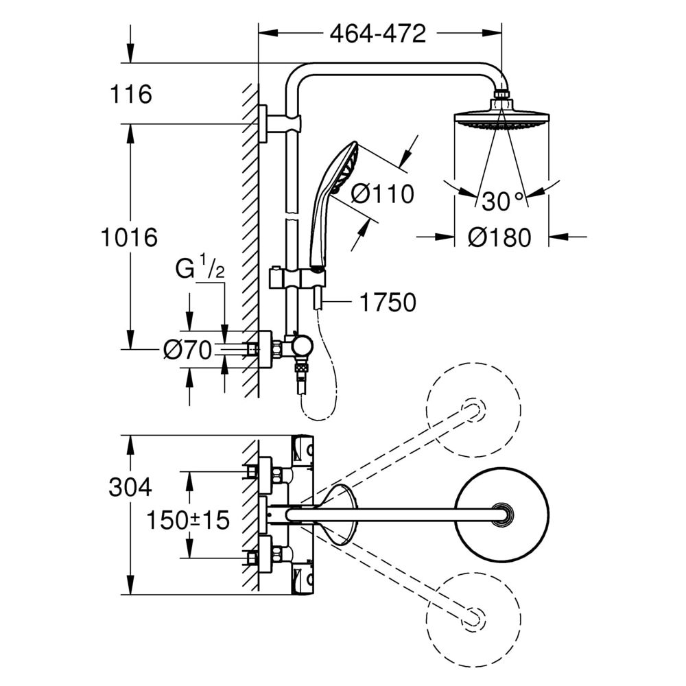 Grohe Euphoria Duschsystem 180 E, Brausearm 450mm, mit Aufputz-Thermostatbatterie, Wandmontage, Chro... GROHE-26418000  (Abb. 3)
