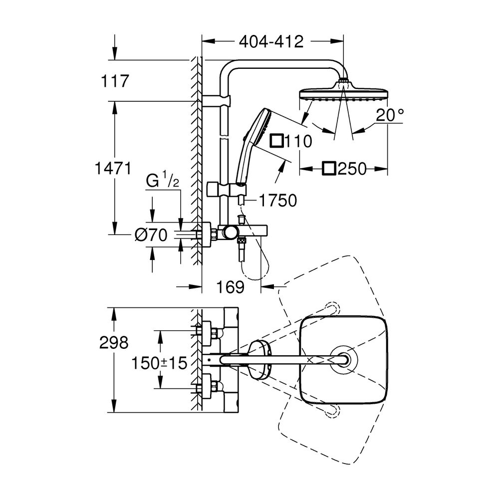 Grohe Tempesta Duschsystem 250 Cube Wannen-Thermostat Kopfbrause 250 Cube Mattschwarz... GROHE-266912431 4067393016021 (Abb. 3)