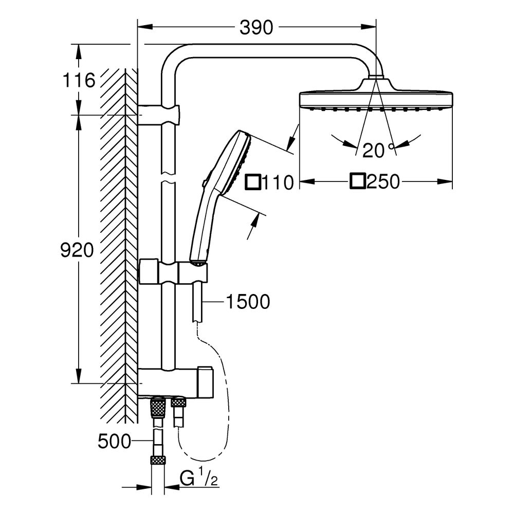 Grohe Tempesta 250 Cube Flex-Duschsystem, mit Umstellung für Wandmontage, Kopfbrause/Ha... GROHE-26694001 4005176766244 (Abb. 3)