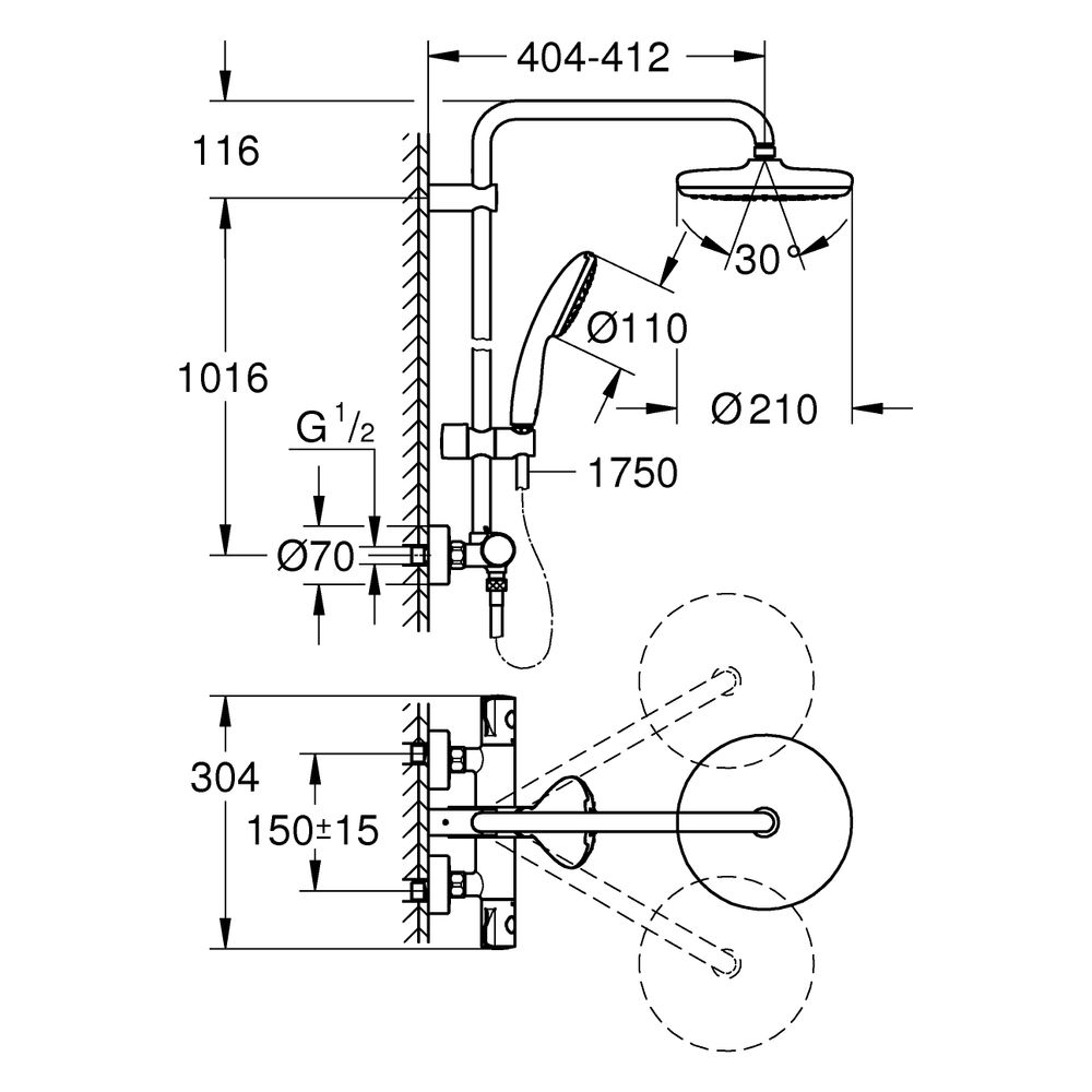 Grohe Tempesta System 210 Duschsystem Wandmontage mit Thermostat und Kopfbrause, 390mm... GROHE-268112431 4067393061854 (Abb. 3)